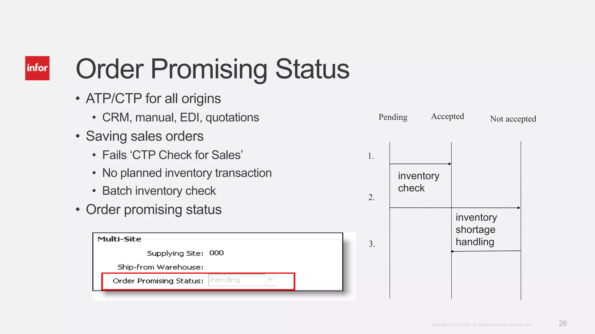 26Copyright © 2012. Infor. All Rights Reserved. www.infor.com
Order Promising Status
• ATP/CTP for all origins
• CRM, manual, EDI, quotations
• Saving sales orders
• Fails ‘CTP Check for Sales’
• No planned inventory transaction
• Batch inventory check
• Order promising status
Pending Accepted Not accepted
1.
2.
3.
inventory
check
inventory
shortage
handling
 