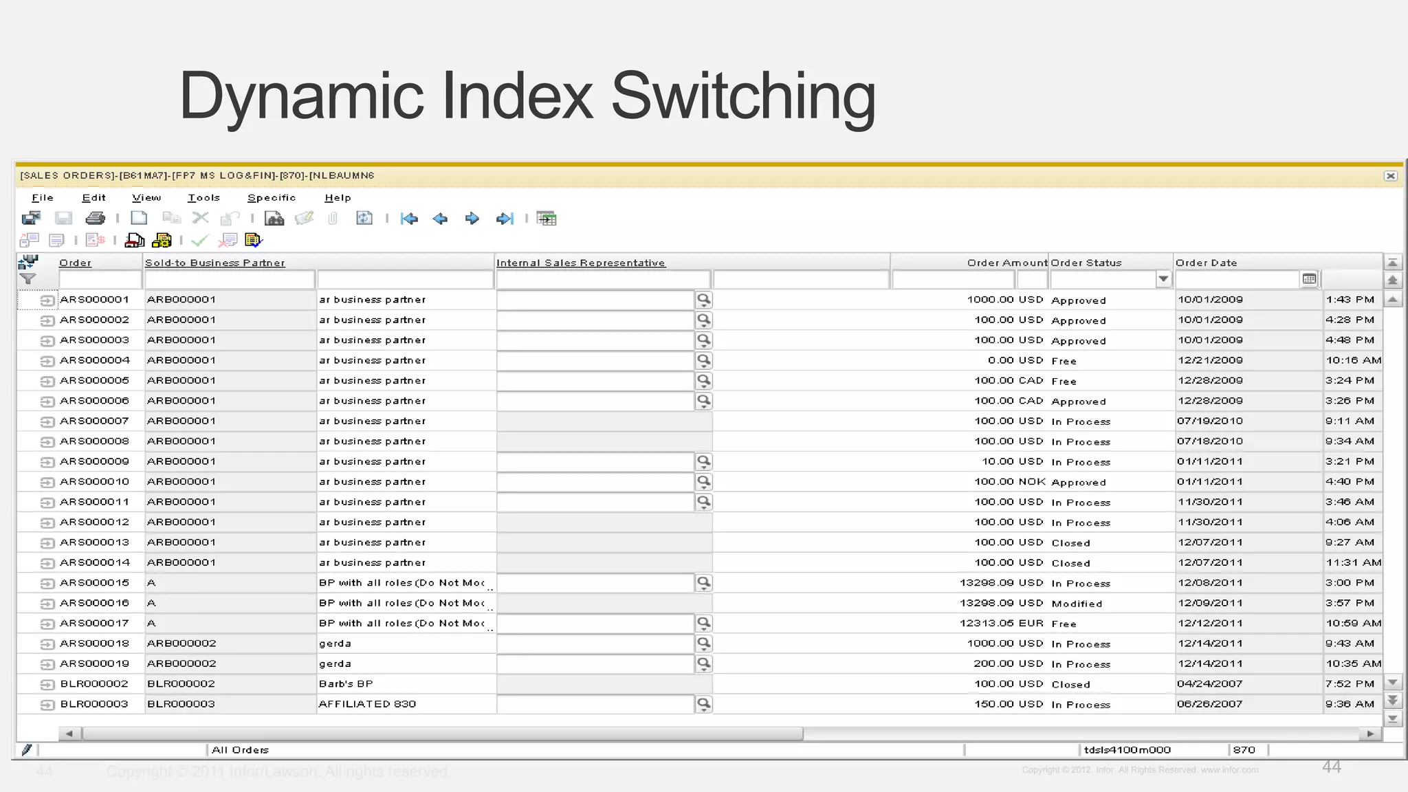 44Copyright © 2012. Infor. All Rights Reserved. www.infor.com
Dynamic Index Switching
Copyright © 2011 Infor/Lawson. All rights reserved.44
 