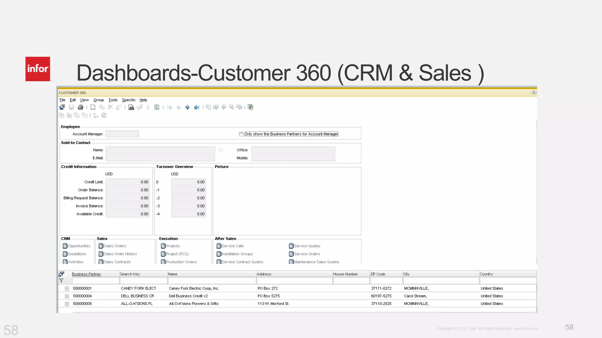 58Copyright © 2012. Infor. All Rights Reserved. www.infor.com
Dashboards-Customer 360 (CRM & Sales )
58
 