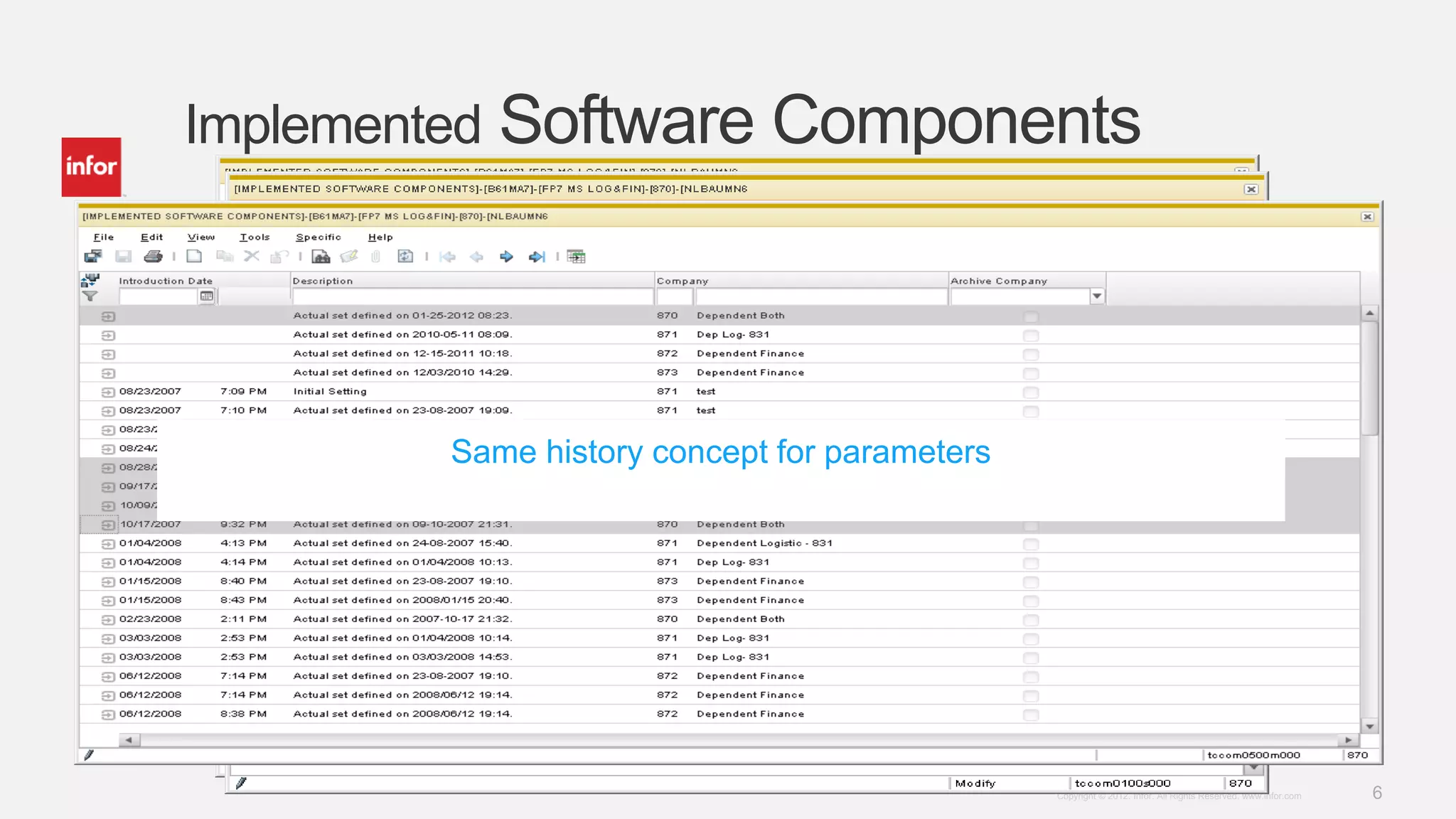 6Copyright © 2012. Infor. All Rights Reserved. www.infor.com
Implemented Software Components
Same history concept for parameters
 