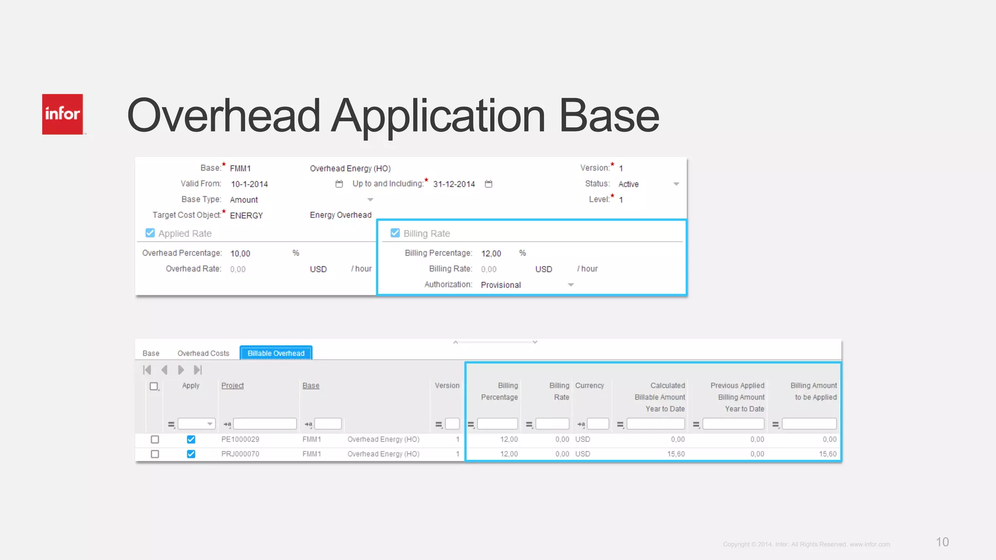 10Copyright © 2014. Infor. All Rights Reserved. www.infor.com
Overhead Application Base
 