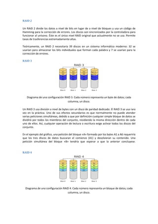 RAID 2

Un RAID 2 divide los datos a nivel de bits en lugar de a nivel de bloques y usa un código de
Hamming para la corrección de errores. Los discos son sincronizados por la controladora para
funcionar al unísono. Éste es el único nivel RAID original que actualmente no se usa. Permite
tasas de trasferencias extremadamente altas.

Teóricamente, un RAID 2 necesitaría 39 discos en un sistema informático moderno: 32 se
usarían para almacenar los bits individuales que forman cada palabra y 7 se usarían para la
corrección de errores.

RAID 3




   Diagrama de una configuración RAID 3. Cada número representa un byte de datos; cada
                                   columna, un disco.

Un RAID 3 usa división a nivel de bytes con un disco de paridad dedicado. El RAID 3 se usa rara
vez en la práctica. Uno de sus efectos secundarios es que normalmente no puede atender
varias peticiones simultáneas, debido a que por definición cualquier simple bloque de datos se
dividirá por todos los miembros del conjunto, residiendo la misma dirección dentro de cada
uno de ellos. Así, cualquier operación de lectura o escritura exige activar todos los discos del
conjunto.

En el ejemplo del gráfico, una petición del bloque «A» formado por los bytes A1 a A6 requeriría
que los tres discos de datos buscaran el comienzo (A1) y devolvieran su contenido. Una
petición simultánea del bloque «B» tendría que esperar a que la anterior concluyese.


RAID 4




  Diagrama de una configuración RAID 4. Cada número representa un bloque de datos; cada
                                   columna, un disco.
 