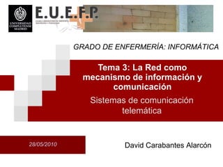 Tema 3: La Red como mecanismo de informaci ón  y comunicaci ón Sistemas de comunicaci ón  telem át i ca David Carabantes Alarcón 28/05/2010 GRADO DE ENFERMERÍA: INFORMÁTICA 