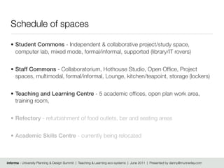 Schedule of spaces

  • Student Commons - Independent & collaborative project/study space,
    computer lab, mixed mode, formal/informal, supported (library/IT rovers)


  • Staff Commons - Collaboratorium, Hothouse Studio, Open Ofﬁce, Project
    spaces, multimodal, formal/informal, Lounge, kitchen/teapoint, storage (lockers)


  • Teaching and Learning Centre - 5 academic ofﬁces, open plan work area,
    training room,


  • Refectory - refurbishment of food outlets, bar and seating areas


  • Academic Skills Centre - currently being relocated



informa - University Planning & Design Summit | Teaching & Learning eco-systems | June 2011 | Presented by danny@munnerley.com
 
