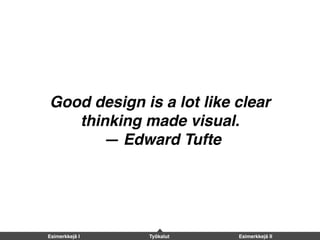 Esimerkkejä I Työkalut Esimerkkejä II
Good design is a lot like clear
thinking made visual.
 — Edward Tufte
 
