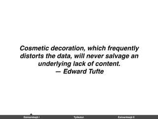 Cosmetic decoration, which frequently
distorts the data, will never salvage an
underlying lack of content.
— Edward Tufte
Esimerkkejä I Työkalut Esimerkkejä II
 