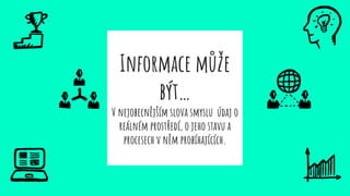 Informace může
být…
V nejobecnějším slova smyslu údaj o
reálném prostředí, o jeho stavu a
procesech v něm probíhajících.
 