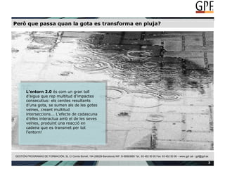 Però que passa quan la gota es transforma en pluja?  L’entorn 2.0  és com un gran toll d’aigua que rep multitud d’impactes consecutius: els cercles resultants d’una gota, se sumen als de les gotes veïnes, creant multitud interseccions... L’efecte de cadascuna d’elles interactua amb el de les seves veïnes, produint una reacció en cadena que es transmet per tot l’entorn! 