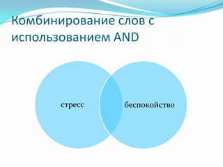 Комбинирование слов с
использованием AND



       стресс   беспокойство
 