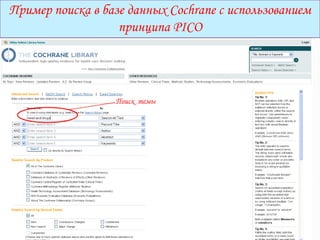 Пример поиска в базе данных Cochrane с использованием
                   принципа PICO




                  Поиск темы
 