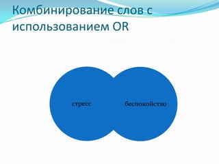 Комбинирование слов с
использованием OR




        стресс   беспокойство
 