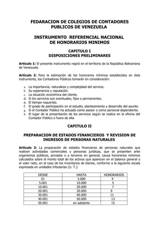FEDARACION DE COLEGIOS DE CONTADORES
                PUBLICOS DE VENEZUELA

           INSTRUMENTO REFERENCIAL NACIONAL
                 DE HONORARIOS MINIMOS
                               CAPITULO I
                       DISPOSICIONES PRELIMINARES

Artículo 1: El presente instrumento regirá en el territorio de la República Bolivariana
de Venezuela.

Artículo 2: Para la estimación de los honorarios mínimos establecidos en éste
instrumento, los Contadores Públicos tomarán en consideración:

   a.   La importancia, naturaleza y complejidad del servicio.
   b.   Su experiencia y reputación.
   c.   La situación económica del cliente.
   d.   Si los servicios son eventuales, fijos o permanentes.
   e.   El tiempo requerido.
   f.   El grado de participación en el estudio, planteamiento y desarrollo del asunto.
   g.   Si el Contador Público ha actuado como asesor o como personal dependiente.
   h.   El lugar de la presentación de los servicios según se realice en la oficina del
        Contador Público o fuera de ella.

                                   CAPITULO II

   PREPARACION DE ESTADOS FINANCIEROS Y REVISION DE
           INGRESOS DE PERSONAS NATURALES

Artículo 3: La preparación de estados financieros de personas naturales que
realicen actividades comerciales y personas jurídicas, que se presenten ante
organismos públicos, privados o a terceros en general, causa honorarios mínimos
calculados sobre el monto total de los activos que aparecen en el balance general o
el valor neto, en el caso de los inventarios de bienes, conforme a la siguiente escala
expresada en unidades tributarias (U. T.):

              DESDE                      HASTA               HONORARIOS
                01                        5.000                  4
               5.001                     10.000                   5
              10.001                     20.000                   7
              20.001                     30.000                 9
              30.001                     40.000                 11
              40.001                     50.000                  13
              50.001                   en adelante               15
 