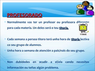PROFESORADOPROFESORADO
∗ Normalmente vas ter un profesor ou profesora diferente
para cada materia. Un deles será o teu titor/a.titor/a.
∗ Cada semana a persoa titora terá unha hora de titoríatitoría lectiva
co seu grupo de alumnos.
∗ Unha hora a semana de atención a pais/nais do seu grupo.
∗ Non dubidedes en acudir a el/ela cando necesites
información ou teñas algún problema. 
 