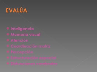 EVALÚA Inteligencia Memoria visual Atención Coordinación motriz Percepción Estructuración espacial Disfunciones cerebrales 