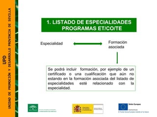 UNIDAD DE PROMOCIÓN Y DESARROLLO PROVINCIA DE SEVILLA LISTADO DE ESPECIALIDADES PROGRAMAS ET/CO/TE Se podrá incluir  formación, por ejemplo de un certificado o una cualificación que aún no estando en la formación asociada del listado de especialidades esté relacionado con la especialidad. Especialidad Formación asociada UPD  UNIDAD DE PROMOCIÓN Y DESARROLLO PROVINCIA DE SEVILLA 