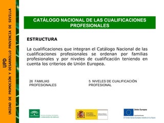 UNIDAD DE PROMOCIÓN Y DESARROLLO PROVINCIA DE SEVILLA CATÁLOGO NACIONAL DE LAS CUALIFICACIONES PROFESIONALES ESTRUCTURA La cualificaciones que integran el Catálogo Nacional de las cualificaciones profesionales se ordenan por familias profesionales y por niveles de cualificación teniendo en cuenta los criterios de Unión Europea. 26  FAMILIAS PROFESIONALES 5  NIVELES DE CUALIFICACIÓN PROFESIONAL UPD  UNIDAD DE PROMOCIÓN Y DESARROLLO PROVINCIA DE SEVILLA 