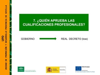 UNIDAD DE PROMOCIÓN Y DESARROLLO PROVINCIA DE SEVILLA 7. ¿QUIÉN APRUEBA LAS CUALIFICACIONES PROFESIONALES? GOBIERNO REAL  DECRETO (boe) UPD  UNIDAD DE PROMOCIÓN Y DESARROLLO PROVINCIA DE SEVILLA 