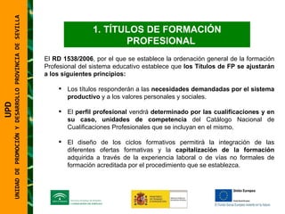 UNIDAD DE PROMOCIÓN Y DESARROLLO PROVINCIA DE SEVILLA TÍTULOS DE FORMACIÓN PROFESIONAL  El  RD 1538/2006 , por el que se establece la ordenación general de la formación Profesional del sistema educativo establece que  los Títulos de FP se ajustarán a los siguientes principios: Los títulos responderán a las  necesidades demandadas por el sistema productivo  y a los valores personales y sociales. El  perfil profesional  vendrá  determinado por las cualificaciones y en su caso, unidades de competencia  del Catálogo Nacional de Cualificaciones Profesionales que se incluyan en el mismo. El diseño de los ciclos formativos permitirá la integración de las diferentes ofertas formativas y la  capitalización de la formación  adquirida a través de la experiencia laboral o de vías no formales de formación acreditada por el procedimiento que se establezca. UPD  UNIDAD DE PROMOCIÓN Y DESARROLLO PROVINCIA DE SEVILLA 