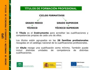 UNIDAD DE PROMOCIÓN Y DESARROLLO PROVINCIA DE SEVILLA CICLOS FORMATIVOS  GRADO MEDIO  GRADO SUPERIOR   TÉCNICO  TÉCNICO SUPERIOR El  Título  es el  Instrumento  para acreditar las cualificaciones y competencias propias de cada uno de ellos. Los títulos están agrupados en las  26 familias profesionales  recogidas en el catálogo nacional de la cualificaciones profesionales. Un  título  recoge una cualificación como mínimo. También puede incluir distintas unidades de competencia de distintas cualificaciones. TÍTULOS DE FORMACIÓN PROFESIONAL  UPD  UNIDAD DE PROMOCIÓN Y DESARROLLO PROVINCIA DE SEVILLA 