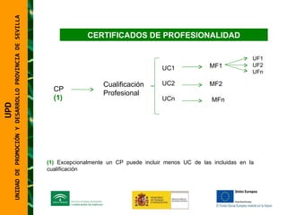 UNIDAD DE PROMOCIÓN Y DESARROLLO PROVINCIA DE SEVILLA CP (1) Cualificación Profesional UC1 UC2 UCn MF1 MFn MF2 (1)  Excepcionalmente un CP puede incluir menos UC de las incluidas en la cualificación UF1 UF2 UFn UPD  UNIDAD DE PROMOCIÓN Y DESARROLLO PROVINCIA DE SEVILLA CERTIFICADOS DE PROFESIONALIDAD 