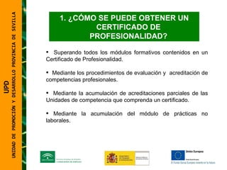 UNIDAD DE PROMOCIÓN Y DESARROLLO PROVINCIA DE SEVILLA ¿CÓMO SE PUEDE OBTENER UN CERTIFICADO DE PROFESIONALIDAD? Superando todos los módulos formativos contenidos en un Certificado de Profesionalidad. Mediante los procedimientos de evaluación y  acreditación de competencias profesionales. Mediante la acumulación de acreditaciones parciales de las Unidades de competencia que comprenda un certificado. Mediante la acumulación del módulo de prácticas no laborales. UPD  UNIDAD DE PROMOCIÓN Y DESARROLLO PROVINCIA DE SEVILLA 