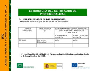 UNIDAD DE PROMOCIÓN Y DESARROLLO PROVINCIA DE SEVILLA PRESCRIPCIONES DE LOS FORMADORES Requisitos mínimos que deben tener los formadores. ( 1) Modificación RD 1675/2010. Para aquellos Certificados publicados desde el 4 de septiembre de 2008. UPD  UNIDAD DE PROMOCIÓN Y DESARROLLO PROVINCIA DE SEVILLA ESTRUCTURA DEL CERTIFICADO DE PROFESIONALIDAD MÓDULO FORMATIVO ACREDITACIÓN (1) EXPERIENCIA PROFESIONAL REQUERIDA EN EL ÁMBITO DE LA UNIDAD DE COMPETENCIA SI SE CUENTA CON TITULACIÓN SI NO SE CUENTA CON TITULACIÓN MF XXXX Ldo. en ----- Diplomado en ---------- X años X años 