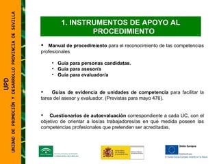 UNIDAD DE PROMOCIÓN Y DESARROLLO PROVINCIA DE SEVILLA INSTRUMENTOS DE APOYO AL PROCEDIMIENTO  Manual de procedimiento  para el reconocimiento de las competencias profesionales Guía para personas candidatas. Guía para asesor/a Guía para evaluador/a Guías de evidencia de unidades de competencia  para facilitar la tarea del asesor y evaluador. (Previstas para mayo 476). Cuestionarios de autoevaluación  correspondiente a cada UC, con el objetivo de orientar a los/as trabajadores/as en qué medida poseen las competencias profesionales que pretenden ser acreditadas. UPD  UNIDAD DE PROMOCIÓN Y DESARROLLO PROVINCIA DE SEVILLA 