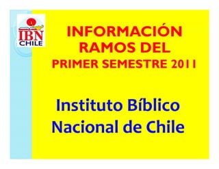 INFORMACIÓN
    RAMOS DEL
PRIMER SEMESTRE 2011


Instituto Bíblico 
Nacional de Chile
Nacional de Chile
 