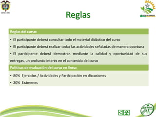 Reglas
Reglas del curso:

• El participante deberá consultar todo el material didáctico del curso
• El participante deberá realizar todas las actividades señaladas de manera oportuna
• El participante deberá demostrar, mediante la calidad y oportunidad de sus
entregas, un profundo interés en el contenido del curso
Políticas de evaluación del curso en línea:

• 80% Ejercicios / Actividades y Participación en discusiones
• 20% Exámenes
 