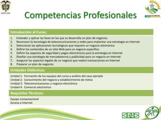 Competencias Profesionales
Introducción al Curso:
1.   Entender y aplicar las fases en las que se desarrolla un plan de negocios
2.   Reconocer la tecnología de telecomunicaciones y redes para implantar una estrategia en Internet
3.   Seleccionar las aplicaciones tecnológicas que requiere un negocio electrónico
4.   Definir los contenidos de un sitio Web para un negocio específico
5.   Definir los aspectos de seguridad y pagos electrónicos para la estrategia en Internet
6.   Diseñar una estrategia de mercadotecnia y publicidad para un negocio en Internet
7.   Asegurar los aspectos legales de un negocio que realice transacciones en Internet
8.   Preparar un plan de negocios
Unidades Didácticas:
Unidad 1:   Formación de los equipos del curso y análisis del caso ejemplo
Unidad 2:   Conocimiento del negocio y establecimiento de metas
Unidad 3:   Telecomunicaciones y negocio electrónico
Unidad 4:   Comercio electrónico
Requisitos Técnicos:
Equipo computacional
Acceso a Internet
 