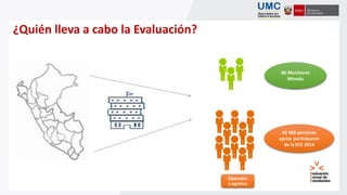 ¿Quién lleva a cabo la Evaluación?
Operador
Logístico
42 468 personas
aprox. participaron
de la ECE 2014
80 Monitores
Minedu
 