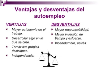 Ventajas y desventajas del 
autoempleo 
VENTAJAS 
Mayor autonomía en el 
trabajo. 
Desarrollar algo en lo 
que se cree. 
Tomar sus propias 
decisiones. 
Independencia. 
DESVENTAJAS 
Mayor responsabilidad. 
Mayor inversión de 
tiempo y esfuerzo. 
Incertidumbre, estrés. 
 