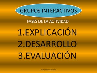 GRUPOS INTERACTIVOS
FASES DE LA ACTIVIDAD
1.EXPLICACIÓN
2.DESARROLLO
3.EVALUACIÓN
CEIP Ildefonso Navarro
 