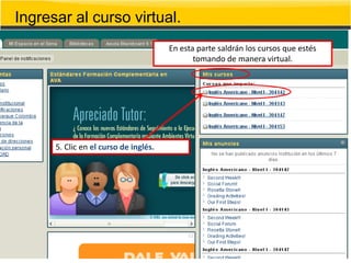 Ingresar al curso virtual.
                                       En esta parte saldrán los cursos que estés
                                              tomando de manera virtual.




      5. Clic en el curso de inglés.
 
