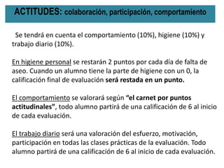 ACTITUDES: colaboración, participación, comportamiento
Se tendrá en cuenta el comportamiento (10%), higiene (10%) y
trabajo diario (10%).
En higiene personal se restarán 2 puntos por cada día de falta de
aseo. Cuando un alumno tiene la parte de higiene con un 0, la
calificación final de evaluación será restada en un punto.
El comportamiento se valorará según “el carnet por puntos
actitudinales”, todo alumno partirá de una calificación de 6 al inicio
de cada evaluación.
El trabajo diario será una valoración del esfuerzo, motivación,
participación en todas las clases prácticas de la evaluación. Todo
alumno partirá de una calificación de 6 al inicio de cada evaluación.
 