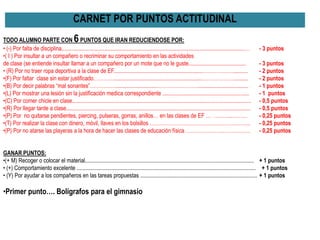 TODO ALUMNO PARTE CON 6PUNTOS QUE IRAN REDUCIENDOSE POR:
• (-) Por falta de disciplina...............................................................................................................................… - 3 puntos
•( I ) Por insultar a un compañero o recriminar su comportamiento en las actividades
de clase (se entiende insultar llamar a un compañero por un mote que no le guste........................................ - 3 puntos
• (R) Por no traer ropa deportiva a la clase de EF..............................................................……………….......... - 2 puntos
•(F) Por faltar clase sin estar justificado…………..............................................................……………….......... - 2 puntos
•(B) Por decir palabras “mal sonantes”…………….............................……………………................................... - 1 puntos
•(L) Por mostrar una lesión sin la justificación medica correspondiente ............................................................ - 1 puntos
•(C) Por comer chicle en clase............................................................................................................................ - 0,5 puntos
•(R) Por llegar tarde a clase................................................................................................................................ - 0,5 puntos
•(P) Por no quitarse pendientes, piercing, pulseras, gorras, anillos… en las clases de EF … ………..……… - 0,25 puntos
•(T) Por realizar la clase con dinero, móvil, llaves en los bolsillos ………………………………………………….. - 0,25 puntos
•(P) Por no atarse las playeras a la hora de hacer las clases de educación física ………………….……………. - 0,25 puntos
GANAR PUNTOS:
•(+ M) Recoger o colocar el material..................................................................................................................... + 1 puntos
• (+) Comportamiento excelente ............................................................................................................................ + 1 puntos
• (Y) Por ayudar a los compañeros en las tareas propuestas ................................................................................. + 1 puntos
•Primer punto…. Bolígrafos para el gimnasio
CARNET POR PUNTOS ACTITUDINAL
 