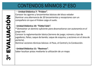 CONTENIDOS MÍNIMOS 2º ESO
3ºEVALUACIÓN · · Unidad Didáctica 7: “Frisbee”.
Conocer los agarres y lanzamientos básicos del disco volador
Dominar una alternancia de 20 lanzamientos y recepciones con un
compañero sin que el frisbee caiga al suelo.
· Unidad Didáctica 10: “Fútbol Sala”.
* Demostrar un domino suficiente para desenvolverse con autonomía en el
juego real.
Conocer la reglamentación básica (terreno de juego; número y tipo de
jugadores; faltas; saque da banda; saque de esquina; y acciones en el área de
portería).
Dominar acciones técnicas básicas: el Pase, el Control y la Conducción.
· Unidad Didáctica 11: “Rastreos”.
Saber localizar pistas mediante la utilización de un mapa
 