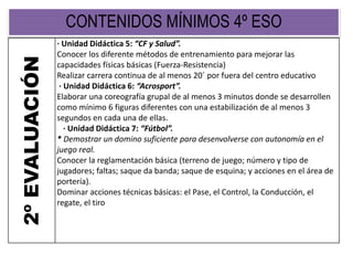 CONTENIDOS MÍNIMOS 4º ESO
2ºEVALUACIÓN · Unidad Didáctica 5: “CF y Salud”.
Conocer los diferente métodos de entrenamiento para mejorar las
capacidades físicas básicas (Fuerza-Resistencia)
Realizar carrera continua de al menos 20´ por fuera del centro educativo
· Unidad Didáctica 6: “Acrosport”.
Elaborar una coreografía grupal de al menos 3 minutos donde se desarrollen
como mínimo 6 figuras diferentes con una estabilización de al menos 3
segundos en cada una de ellas.
· Unidad Didáctica 7: “Fútbol”.
* Demostrar un domino suficiente para desenvolverse con autonomía en el
juego real.
Conocer la reglamentación básica (terreno de juego; número y tipo de
jugadores; faltas; saque da banda; saque de esquina; y acciones en el área de
portería).
Dominar acciones técnicas básicas: el Pase, el Control, la Conducción, el
regate, el tiro
 