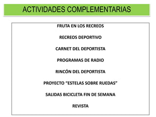 ACTIVIDADES COMPLEMENTARIAS
FRUTA EN LOS RECREOS
RECREOS DEPORTIVO
CARNET DEL DEPORTISTA
PROGRAMAS DE RADIO
RINCÓN DEL DEPORTISTA
PROYECTO “ESTELAS SOBRE RUEDAS”
SALIDAS BICICLETA FIN DE SEMANA
REVISTA
 
