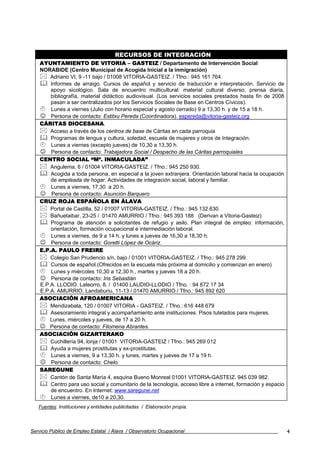 RECURSOS DE INTEGRACIÓN
    AYUNTAMIENTO DE VITORIA – GASTEIZ / Departamento de Intervención Social
    NORABIDE (Centro Municipal de Acogida Inicial a la inmigración)
        Adriano VI, 9 -11 bajo / 01008 VITORIA-GASTEIZ. / Tfno.: 945 161 764.
        Informes de arraigo. Cursos de español y servicio de traducción e interpretación. Servicio de
        apoyo sicológico. Sala de encuentro multicultural: material cultural diverso, prensa diaria,
        bibliografía, material didáctico audiovisual. (Los servicios sociales prestados hasta fin de 2008
        pasan a ser centralizados por los Servicios Sociales de Base en Centros Cívicos).
        Lunes a viernes (Julio con horario especial y agosto cerrado) 9 a 13,30 h. y de 15 a 18 h.
    ☺ Persona de contacto: Estitxu Pereda (Coordinadora). espereda@vitoria-gasteiz.org
    CÁRITAS DIOCESANA.
        Acceso a través de los centros de base de Cáritas en cada parroquia
        Programas de lengua y cultura, soledad, escuela de mujeres y otros de Integración.
        Lunes a viernes (excepto jueves) de 10,30 a 13,30 h.
    ☺ Persona de contacto: Trabajadora Social / Despacho de las Cáritas parroquiales
    CENTRO SOCIAL “Mª. INMACULADA”
        Angulema, 6 / 01004 VITORIA-GASTEIZ. / Tfno.: 945 250 930.
        Acogida a toda persona, en especial a la joven extranjera. Orientación laboral hacia la ocupación
        de empleada de hogar. Actividades de integración social, laboral y familiar.
        Lunes a viernes, 17,30 a 20 h.
    ☺ Persona de contacto: Asunción Barquero
    CRUZ ROJA ESPAÑOLA EN ÁLAVA
        Portal de Castilla, 52 / 01007 VITORIA-GASTEIZ. / Tfno.: 945 132 630.
        Bañuetaibar, 23-25 / 01470 AMURRIO / Tfno.: 945 393 188 (Derivan a Vitoria-Gasteiz)
        Programa de atención a solicitantes de refugio y asilo. Plan integral de empleo: información,
        orientación, formación ocupacional e intermediación laboral.
        Lunes a viernes, de 9 a 14 h. y lunes a jueves de 16,30 a 18,30 h.
    ☺ Persona de contacto: Goretti López de Ocáriz.
    E.P.A. PAULO FREIRE
        Colegio San Prudencio s/n, bajo / 01001 VITORIA-GASTEIZ. / Tfno.: 945 278 299.
        Cursos de español.(Ofrecidos en la escuela más próxima al domicilio y comienzan en enero)
        Lunes y miércoles 10,30 a 12,30 h., martes y jueves 18 a 20 h.
    ☺ Persona de contacto: Iris Sebastián
    E.P.A. LLODIO. Lateorro, 8. / 01400 LAUDIO-LLODIO / Tfno. : 94 672 17 34
    E.P.A. AMURRIO. Landaburiu, 11-13 / 01470 AMURRIO / Tfno.: 945 892 620
    ASOCIACIÓN AFROAMERICANA
        Mendizabala, 120 / 01007 VITORIA - GASTEIZ. / Tfno.: 616 448 679
        Asesoramiento integral y acompañamiento ante instituciones. Pisos tutelados para mujeres.
        Lunes, miércoles y jueves, de 17 a 20 h.
    ☺ Persona de contacto: Filomena Abrantes.
    ASOCIACIÓN GIZARTERAKO
        Cuchillería 94, lonja / 01001 VITORIA-GASTEIZ / Tfno.: 945 269 012
        Ayuda a mujeres prostitutas y ex-prostitutas.
        Lunes a viernes, 9 a 13,30 h. y lunes, martes y jueves de 17 a 19 h.
    ☺ Persona de contacto: Chelo.
    SAREGUNE
        Cantón de Santa María 4, esquina Bueno Monreal 01001 VITORIA-GASTEIZ. 945 039 982.
        Centro para uso social y comunitario de la tecnología, acceso libre a internet, formación y espacio
        de encuentro. En Internet: www.saregune.net
        Lunes a viernes, de10 a 20,30.
   Fuentes: Instituciones y entidades publicitadas / Elaboración propia.




Servicio Público de Empleo Estatal / Álava / Observatorio Ocupacional                                         4
 