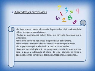  Aprendizajes curriculares




   • Es importante que el alumnado llegue a descubrir cuándo debe
   utilizar las operaciones básicas.
   • Todas las operaciones deben tener un correlato funcional en la
   vida diaria.
   • El uso del teléfono nos ayuda al aprendizaje del número.
   • El uso de la calculadora facilita la realización de operaciones.
   • Es importante aplicar el cálculo al uso de las monedas.
   • Con una metodología práctica, progresiva, constante, que proceda
   paso a paso y adecuada al ritmo de este alumno, se llega a
   operaciones más complejas: decimales, fracciones, ecuaciones…
 