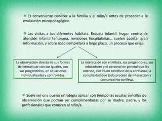  Es conveniente conocer a la familia y al niño/a antes de proceder a la
    evaluación psicopedagógica.


     Las visitas a los diferentes hábitats: Escuela infantil, hogar, centro de
    atención infantil temprana, revisiones hospitalarias… suelen aportar gran
    información, y sobre todo completará a largo plazo, un proceso que exige:



La observación directa de sus formas   La interacción con el niño/a, sus progenitores, sus
 de interactuar con sus iguales, con      educadores y el personal en general que les
  sus progenitores, en situaciones      atiende, ello irá en beneficio de la confianza, la
   individualizadas y controladas.      complicidad que todo proceso de interacción y
                                                     comunicativo conlleva.



    Suele ser una buena estrategia aplicar con tiempo las escalas sencillas de
   observación que podrán ser cumplimentadas por su madre, padre, y los
   profesionales que conocen al niño/a.
 