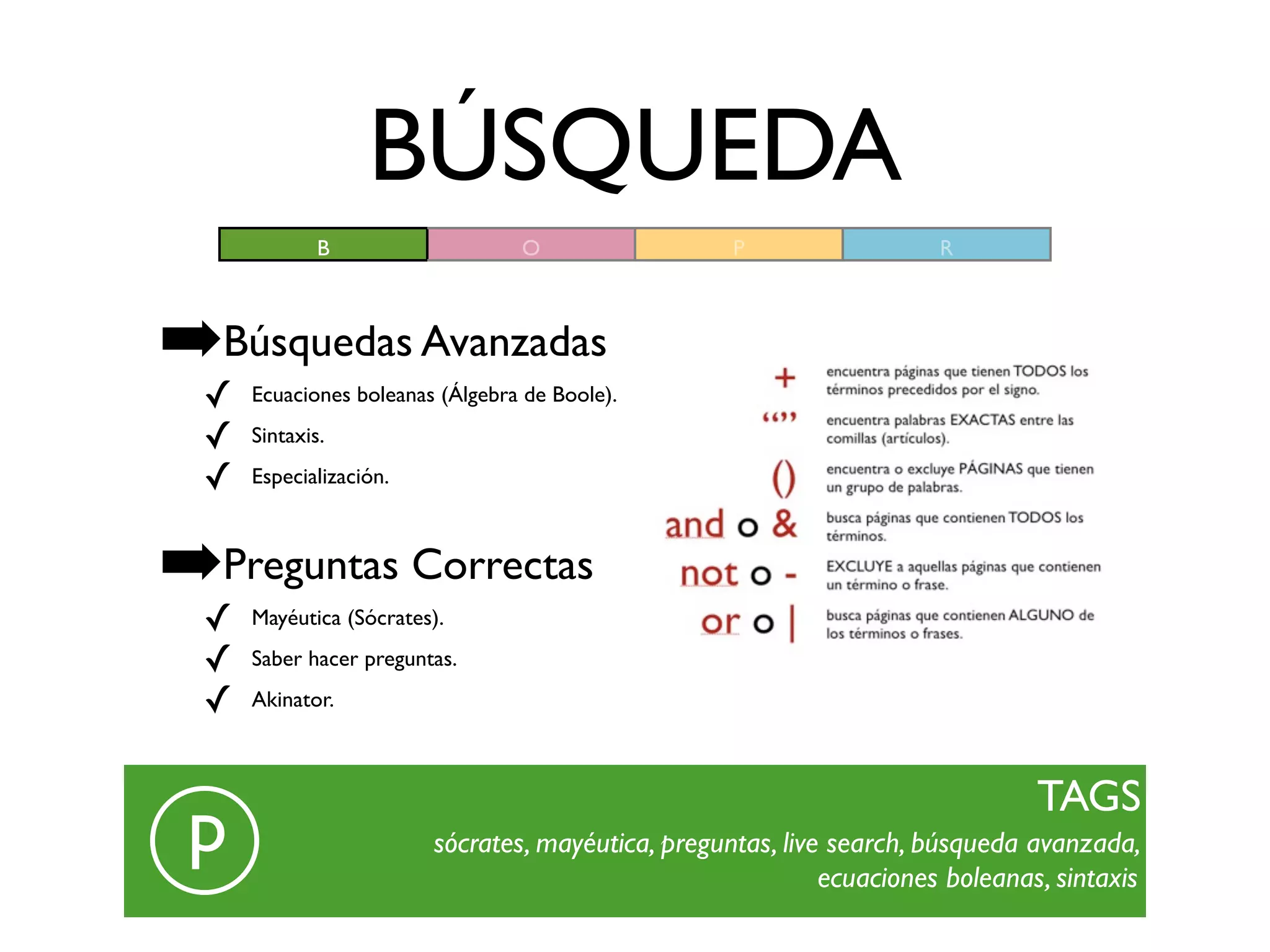 BÚSQUEDA
              B                   O                 P                  R



➡Búsquedas Avanzadas
  ✓   Ecuaciones boleanas (Álgebra de Boole).

  ✓   Sintaxis.

  ✓   Especialización.



➡Preguntas Correctas
  ✓   Mayéutica (Sócrates).

  ✓   Saber hacer preguntas.

  ✓   Akinator.



                                                                                TAGS
 p                       sócrates, mayéutica, preguntas, live search, búsqueda avanzada,
                                                             ecuaciones boleanas, sintaxis
 