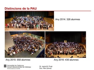 Dr. Jesús M. Prujà
Dra. Pilar Gómez
Distincions de la PAU
Any 2014: 326 alumnes
Any 2015: 550 alumnes Any 2016: 430 alumnes
 