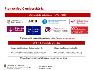 Dr. Jesús M. Prujà
Dra. Pilar Gómez
Preinscripció universitària
Universitat Oberta de Catalunya (UOC) Universitat Ramon Llull (URL)
Universitat Internacional de Catalunya (UIC) Universitat Abat Oliba CEU (UAO)
UOC + Universitats privades
Procediments propis d'admissió: presencial, en línia
 