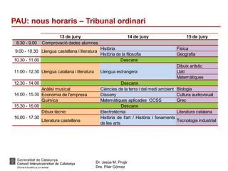 Dr. Jesús M. Prujà
Dra. Pilar Gómez
PAU: nous horaris – Tribunal ordinari
13 de juny 14 de juny 15 de juny
8.30 - 9.00 Comprovació dades alumnes
Història Física
Història de la filosofia Geografia
10.30 - 11.00
Dibuix artístic
Llatí
Matemàtiques
12.30 - 14.00
Anàlisi musical Ciències de la terra i del medi ambient Biologia
Economia de l'empresa Disseny Cultura audiovisual
Química Matemàtiques aplicades CCSS Grec
15.30 - 16.00
Dibuix tècnic Electrotècnia Literatura catalana
Literatura castellana
Història de l'art / Història i fonaments
de les arts
Tecnologia industrial
Descans
14.00 - 15.30
Descans
16.00 - 17.30
9.00 - 10.30 Llengua castellana i literatura
Descans
11.00 - 12.30 Llengua catalana i literatura Llengua estrangera
 