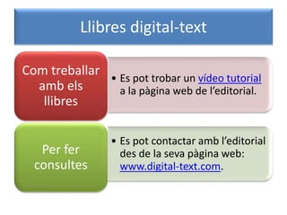 Llibres digital-text
• Es pot trobar un vídeo tutorial
a la pàgina web de l’editorial.
Com treballar
amb els
llibres
• Es pot contactar amb l’editorial
des de la seva pàgina web:
www.digital-text.com.
Per fer
consultes
 