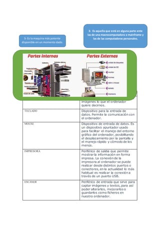 2. - Elabora un cuadro comparativo en donde coloques los dispositivos o periféricos del
Hardware , señalando sus funciones básicas.
PERIFERICOS DEL HARDWARE FUNCONES
MONITOR Periférico de salida que muestra en
imágenes lo que el ordenador
quiere decirnos.
TECLADO Dispositivo para la entrada de
datos. Permite la comunicación con
el ordenador.
MOUSE Dispositivo de entrada de datos. Es
un dispositivo apuntador usado
para facilitar el manejo del entorno
gráfico del ordenador, posibilitando
el desplazamiento por la pantalla y
el manejo rápido y cómodo de los
menús.
IMPRESORA Periférico de saldia que permite
mostrar la información en forma
impresa. La conexión de la
impresora al ordenador se puede
realizar desde distintos puertos o
conectores, en la actualidad lo más
habitual es realizar la conexión a
través de un puerto USB.
ESCANER Periférico de entrada que sirve para
captar imágenes y textos, para así
poder alterarlos, mejorarlos o
guardarlos como ficheros en
nuestro ordenador.
3- Es aquella que está en alguna parte ente
las de una macrocomputadora o mainframe y
las de las computadoras personales.5- Es la maquina más potente
disponible en un momento dado.
 