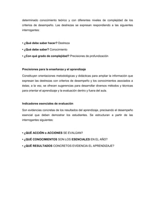 determinado conocimiento teórico y con diferentes niveles de complejidad de los
criterios de desempeño. Las destrezas se expresan respondiendo a las siguientes
interrogantes:
• ¿Qué debe saber hacer? Destreza
• ¿Qué debe saber? Conocimiento
• ¿Con qué grado de complejidad? Precisiones de profundización
Precisiones para la enseñanza y el aprendizaje
Constituyen orientaciones metodológicas y didácticas para ampliar la información que
expresan las destrezas con criterios de desempeño y los conocimientos asociados a
éstas; a la vez, se ofrecen sugerencias para desarrollar diversos métodos y técnicas
para orientar el aprendizaje y la evaluación dentro y fuera del aula.
Indicadores esenciales de evaluación
Son evidencias concretas de los resultados del aprendizaje, precisando el desempeño
esencial que deben demostrar los estudiantes. Se estructuran a partir de las
interrogantes siguientes:
• ¿QUÉ ACCIÓN o ACCIONES SE EVALÚAN?
• ¿QUÉ CONOCIMIENTOS SON LOS ESENCIALES EN EL AÑO?
• ¿QUÉ RESULTADOS CONCRETOS EVIDENCIA EL APRENDIZAJE?
 