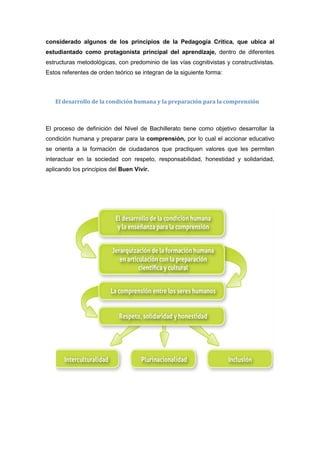 considerado algunos de los principios de la Pedagogía Crítica, que ubica al
estudiantado como protagonista principal del aprendizaje, dentro de diferentes
estructuras metodológicas, con predominio de las vías cognitivistas y constructivistas.
Estos referentes de orden teórico se integran de la siguiente forma:
El desarrollo de la condición humana y la preparación para la comprensión
El proceso de definición del Nivel de Bachillerato tiene como objetivo desarrollar la
condición humana y preparar para la comprensión, por lo cual el accionar educativo
se orienta a la formación de ciudadanos que practiquen valores que les permiten
interactuar en la sociedad con respeto, responsabilidad, honestidad y solidaridad,
aplicando los principios del Buen Vivir.
 